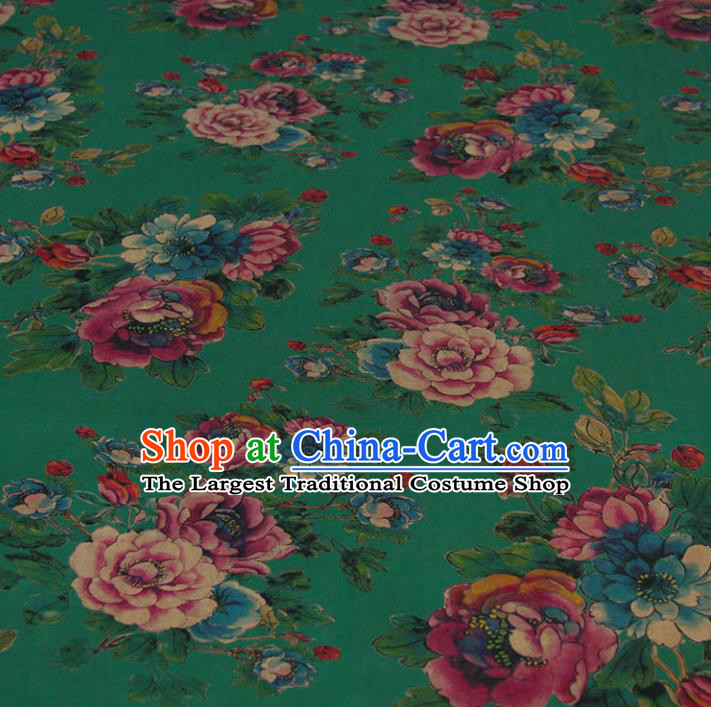 Traditional Chinese Classical Peony Pattern Deep Green Gambiered Guangdong Gauze Silk Fabric Ancient Hanfu Dress Silk Cloth