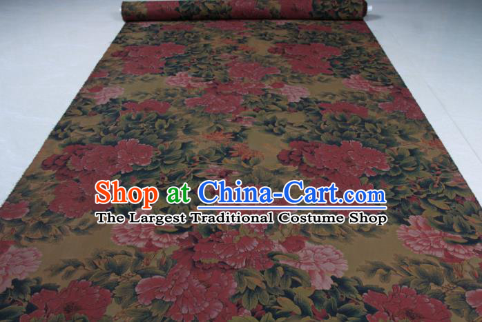 Traditional Chinese Classical Peony Pattern Olive Green Gambiered Guangdong Gauze Silk Fabric Ancient Hanfu Dress Silk Cloth