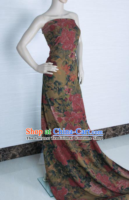Traditional Chinese Classical Peony Pattern Olive Green Gambiered Guangdong Gauze Silk Fabric Ancient Hanfu Dress Silk Cloth