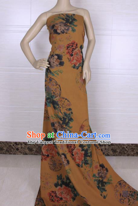 Traditional Chinese Classical Flowers Pattern Yellow Gambiered Guangdong Gauze Silk Fabric Ancient Hanfu Dress Silk Cloth
