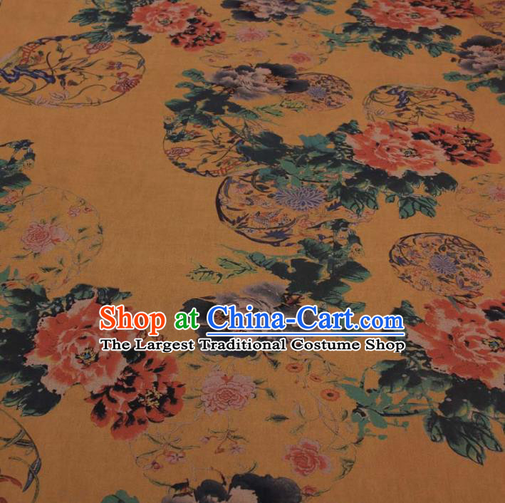 Traditional Chinese Classical Flowers Pattern Yellow Gambiered Guangdong Gauze Silk Fabric Ancient Hanfu Dress Silk Cloth