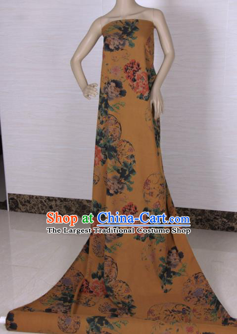 Traditional Chinese Classical Flowers Pattern Yellow Gambiered Guangdong Gauze Silk Fabric Ancient Hanfu Dress Silk Cloth
