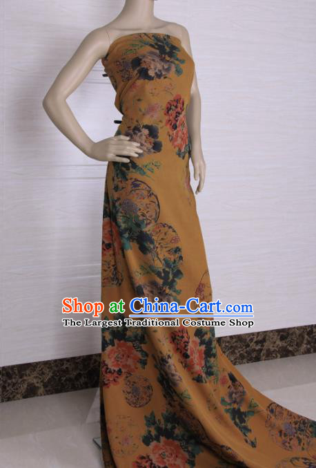 Traditional Chinese Classical Flowers Pattern Yellow Gambiered Guangdong Gauze Silk Fabric Ancient Hanfu Dress Silk Cloth