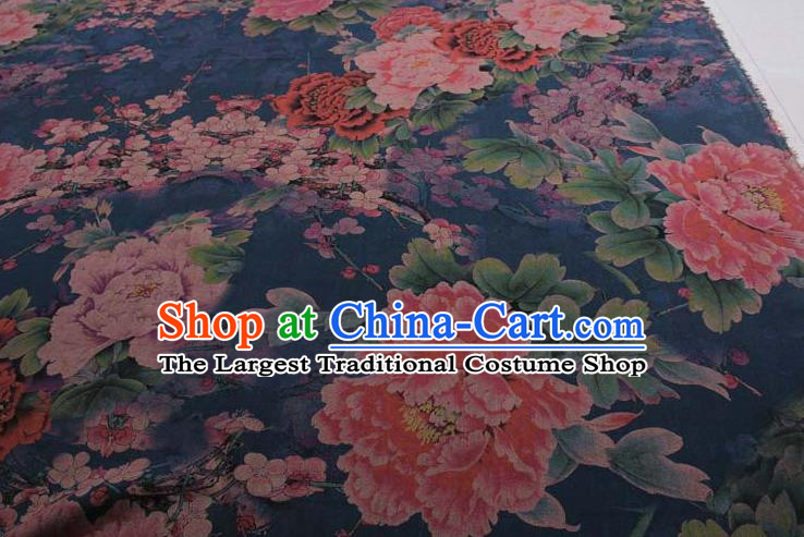 Traditional Chinese Classical Peony Pattern Peacock Blue Gambiered Guangdong Gauze Silk Fabric Ancient Hanfu Dress Silk Cloth