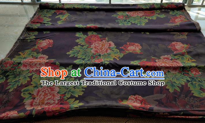 Traditional Chinese Classical Peony Pattern Black Gambiered Guangdong Gauze Silk Fabric Ancient Hanfu Dress Silk Cloth