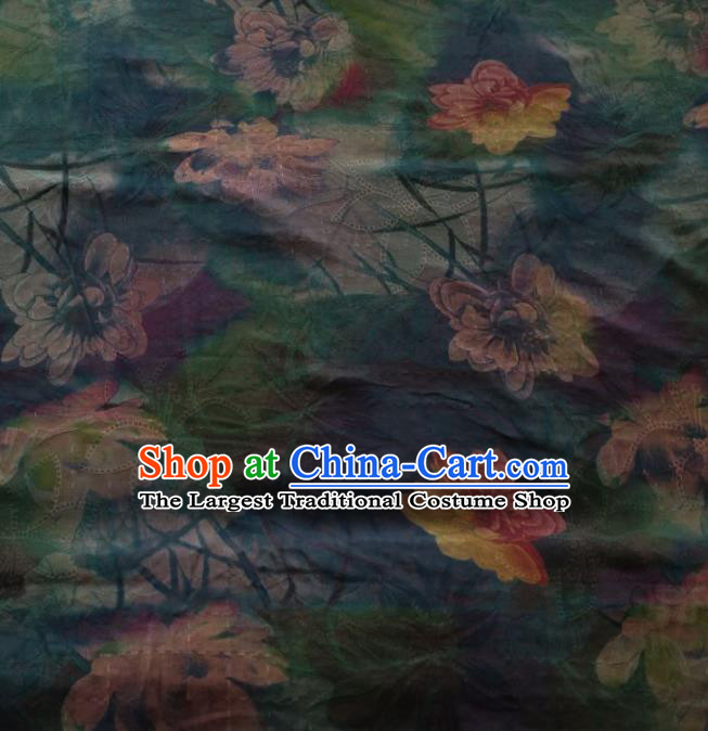 Traditional Chinese Classical Lotus Pattern Deep Blue Gambiered Guangdong Gauze Silk Fabric Ancient Hanfu Dress Silk Cloth