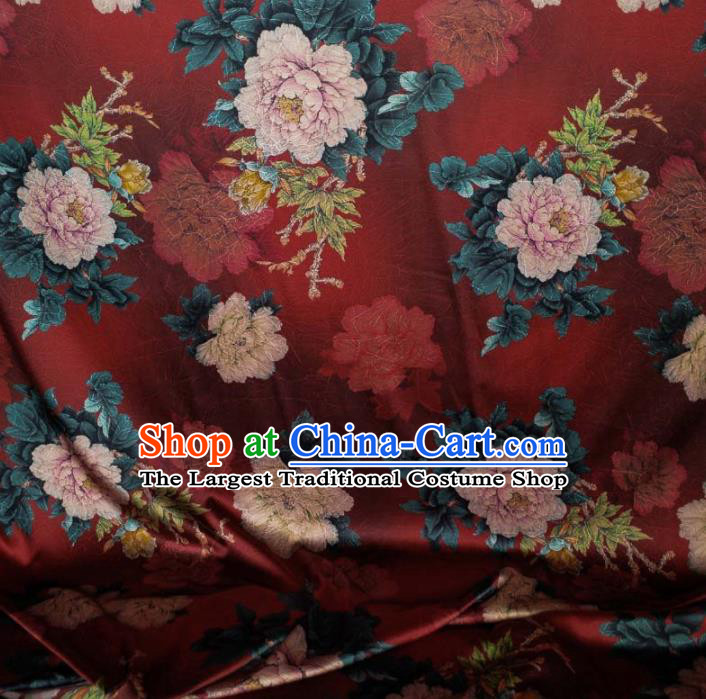 Traditional Chinese Classical Peony Pattern Purplish Red Gambiered Guangdong Gauze Silk Fabric Ancient Hanfu Dress Silk Cloth