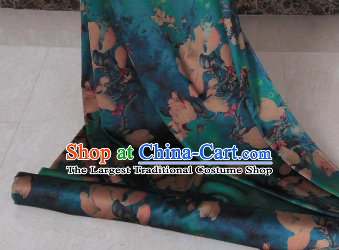 Traditional Chinese Classical Magnolia Pattern Peacock Green Gambiered Guangdong Gauze Silk Fabric Ancient Hanfu Dress Silk Cloth