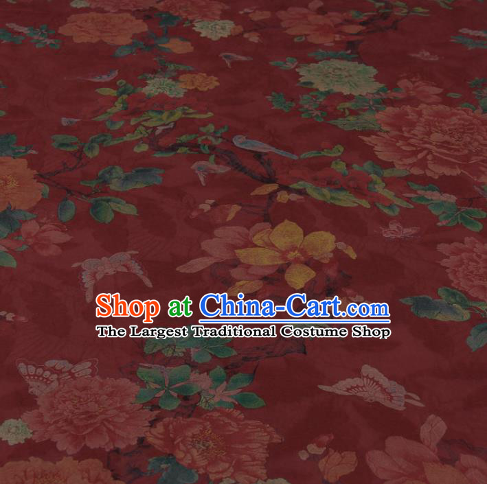 Traditional Chinese Classical Peony Birds Pattern Red Gambiered Guangdong Gauze Silk Fabric Ancient Hanfu Dress Silk Cloth