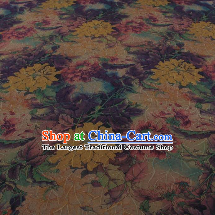 Traditional Chinese Classical Flowers Pattern Khaki Gambiered Guangdong Gauze Silk Fabric Ancient Hanfu Dress Silk Cloth