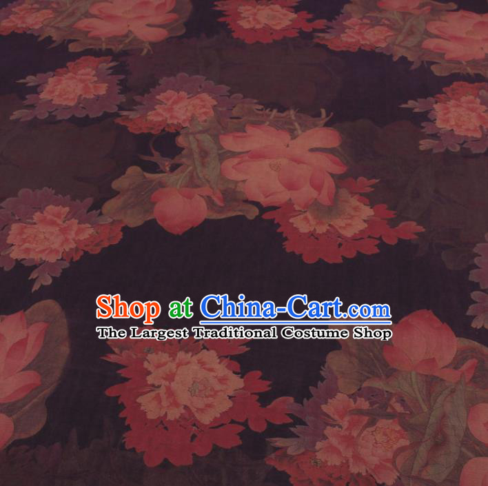 Traditional Chinese Classical Lotus Peony Pattern Deep Brown Gambiered Guangdong Gauze Silk Fabric Ancient Hanfu Dress Silk Cloth