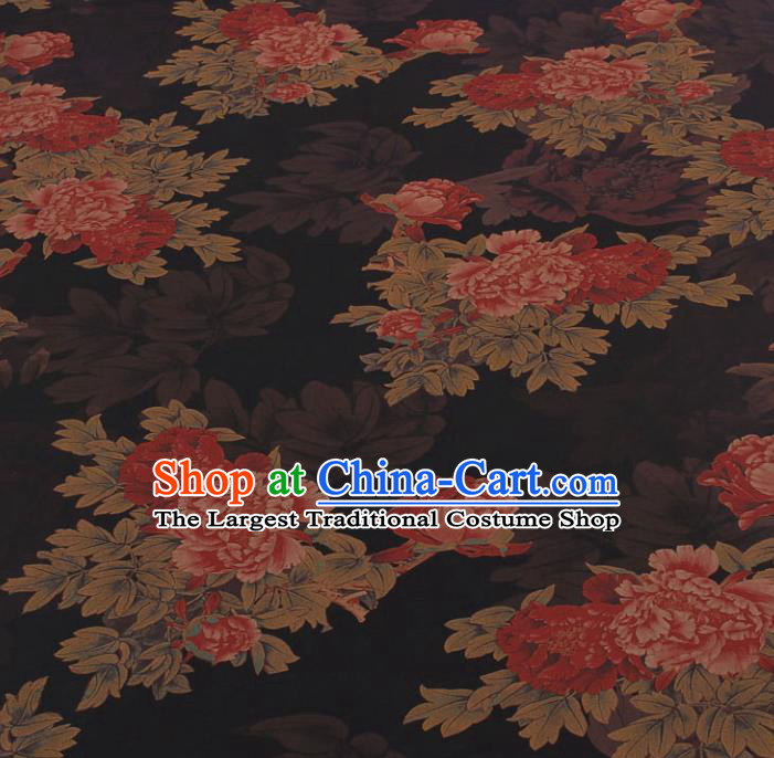 Traditional Chinese Classical Peony Pattern Black Gambiered Guangdong Gauze Silk Fabric Ancient Hanfu Dress Silk Cloth
