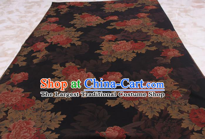 Traditional Chinese Classical Peony Pattern Black Gambiered Guangdong Gauze Silk Fabric Ancient Hanfu Dress Silk Cloth