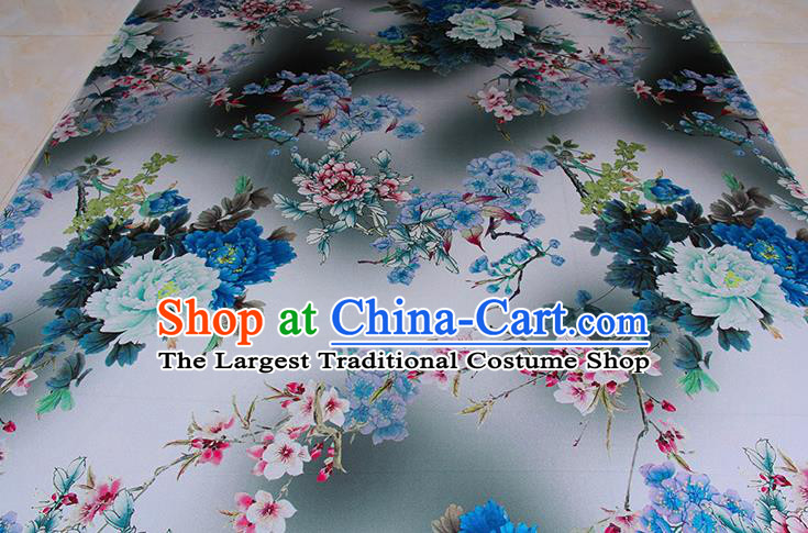 Traditional Chinese Classical Peony Plum Pattern Light Blue Gambiered Guangdong Gauze Silk Fabric Ancient Hanfu Dress Silk Cloth