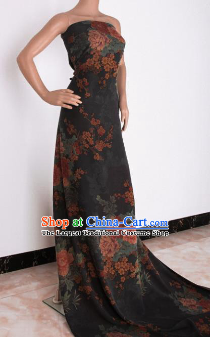 Traditional Chinese Classical Peony Plum Pattern Black Gambiered Guangdong Gauze Silk Fabric Ancient Hanfu Dress Silk Cloth