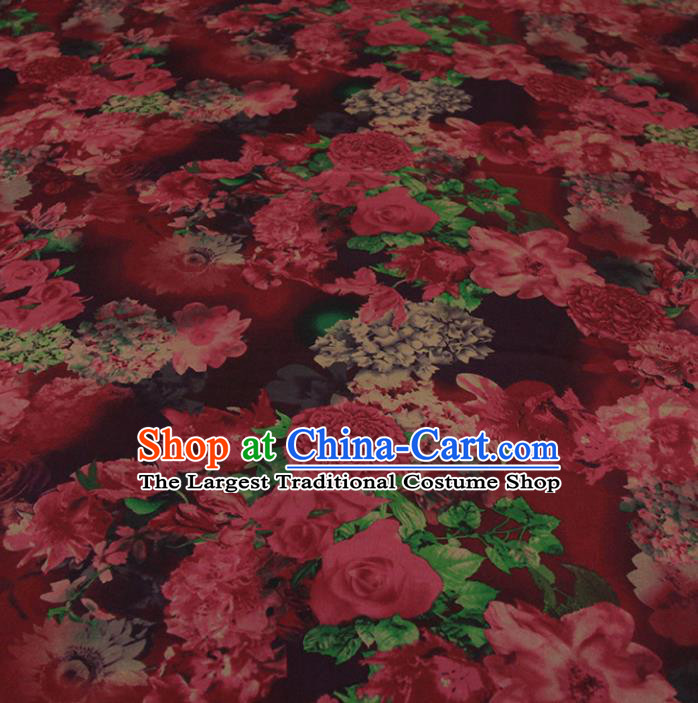 Traditional Chinese Classical Peony Flowers Pattern Dark Red Gambiered Guangdong Gauze Silk Fabric Ancient Hanfu Dress Silk Cloth