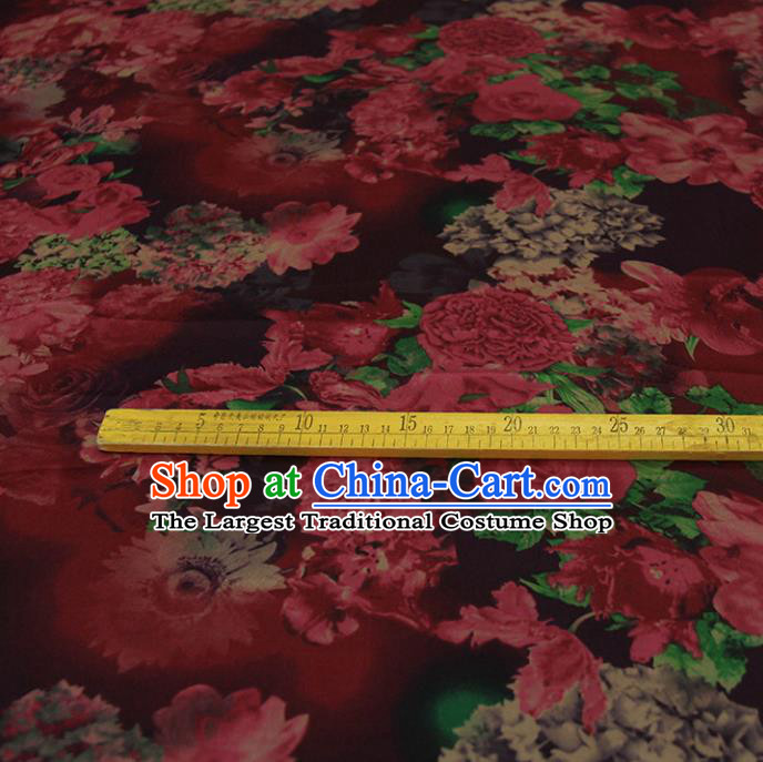 Traditional Chinese Classical Peony Flowers Pattern Dark Red Gambiered Guangdong Gauze Silk Fabric Ancient Hanfu Dress Silk Cloth