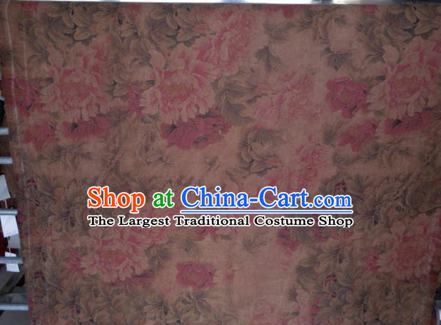 Traditional Chinese Classical Peony Pattern Light Brown Gambiered Guangdong Gauze Silk Fabric Ancient Hanfu Dress Silk Cloth