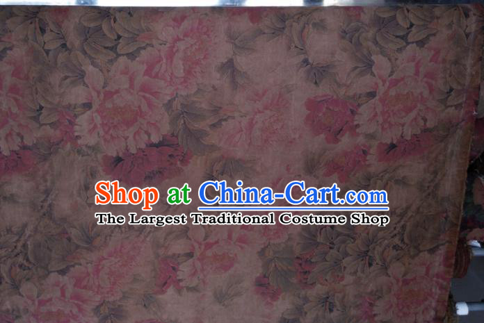 Traditional Chinese Classical Peony Pattern Light Brown Gambiered Guangdong Gauze Silk Fabric Ancient Hanfu Dress Silk Cloth
