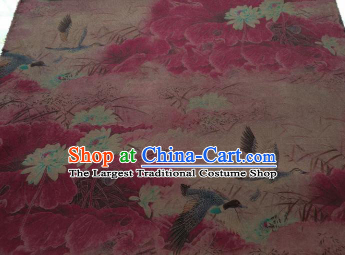 Traditional Chinese Classical Lotus Crane Pattern Wine Red Gambiered Guangdong Gauze Silk Fabric Ancient Hanfu Dress Silk Cloth