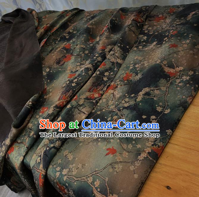 Chinese Classical Plum Pattern Dark Green Silk Fabric Traditional Ancient Hanfu Dress Brocade Cloth