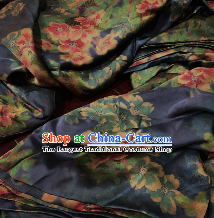 Chinese Classical Peach Blossom Pattern Navy Silk Fabric Traditional Ancient Hanfu Dress Brocade Cloth