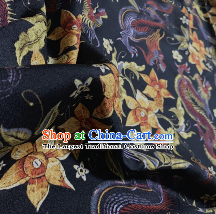 Chinese Classical Dragon Flowers Pattern Navy Silk Fabric Traditional Ancient Hanfu Dress Brocade Cloth