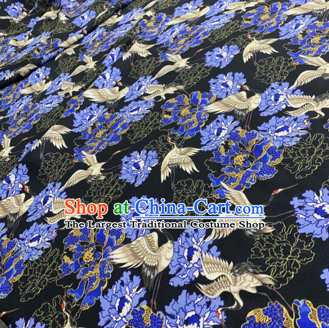 Chinese Classical Peony Cranes Pattern Black Silk Fabric Traditional Ancient Hanfu Dress Brocade Cloth