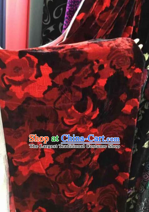 Traditional Chinese Classical Red Flowers Pattern Pleuche Fabric Ancient Cheongsam Dress Velvet Cloth