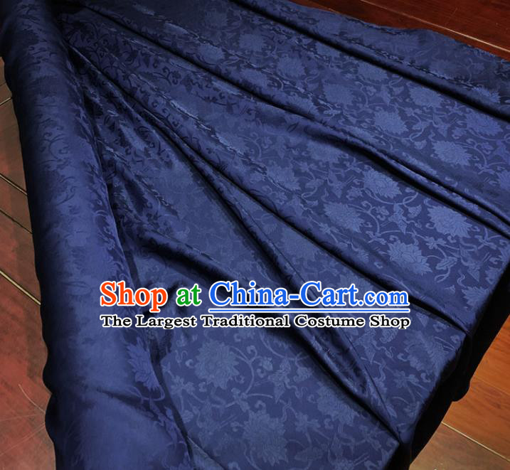 Chinese Classical Lotus Pattern Navy Blue Silk Fabric Traditional Ancient Hanfu Dress Brocade Cloth