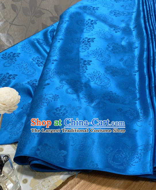 Chinese Classical Chrysanthemum Pattern Blue Silk Fabric Traditional Ancient Hanfu Dress Brocade Cloth