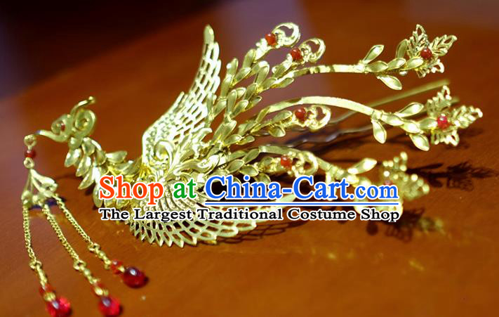 Chinese Traditional Ancient Court Queen Golden Tassel Phoenix Hairpins Classical Hanfu Hair Accessories for Women
