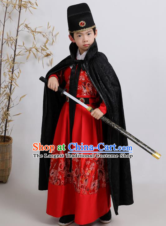 Chinese Traditional Ming Dynasty Imperial Guards Red Hanfu Clothing Ancient Boys Swordsman Costume for Kids