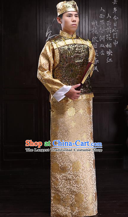 Chinese Traditional Qing Dynasty Royal Prince Golden Hanfu Clothing Ancient Manchu Nobility Childe Costume for Men