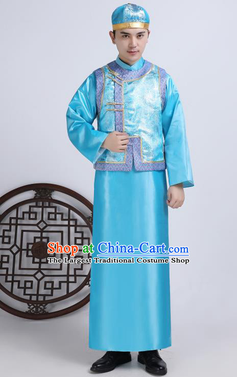 Chinese Traditional Qing Dynasty Royal Prince Blue Hanfu Clothing Ancient Manchu Nobility Childe Costume for Men