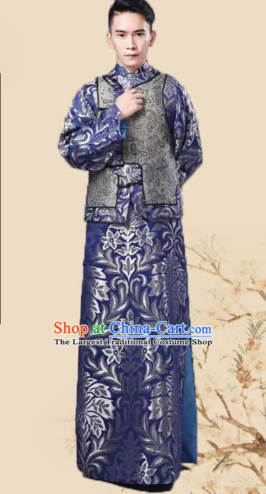 Chinese Traditional Qing Dynasty Prince Royalblue Hanfu Clothing Ancient Manchu Nobility Childe Costume for Men