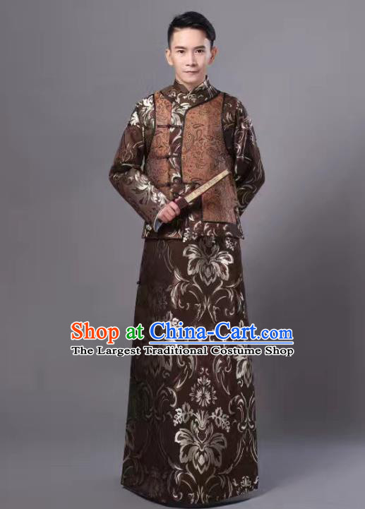 Chinese Traditional Qing Dynasty Prince Brown Hanfu Clothing Ancient Manchu Nobility Childe Costume for Men