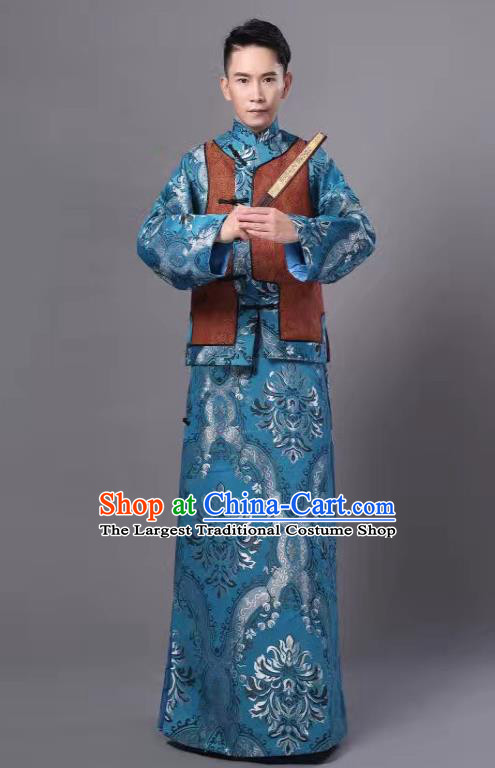 Chinese Traditional Qing Dynasty Prince Blue Hanfu Clothing Ancient Manchu Nobility Childe Costume for Men