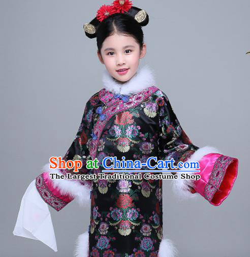 Chinese Traditional Qing Dynasty Princess Black Winter Dress Ancient Manchu Court Girl Costume for Kids