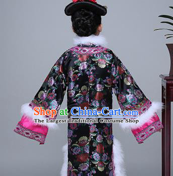 Chinese Traditional Qing Dynasty Princess Black Winter Dress Ancient Manchu Court Girl Costume for Kids