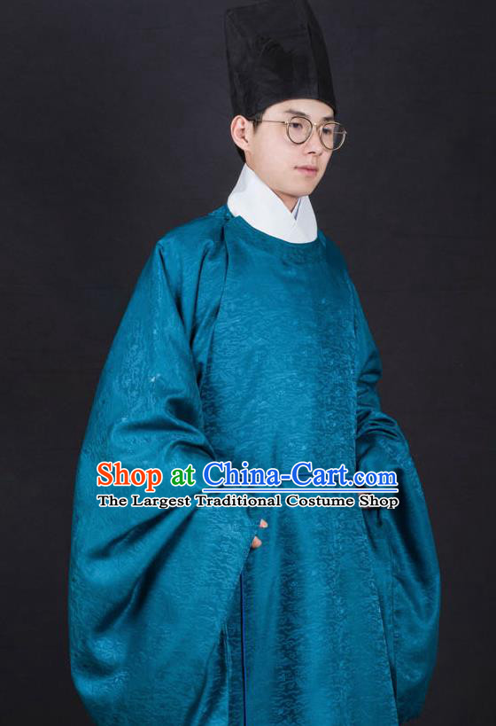 Chinese Traditional Ming Dynasty Minister Hanfu Blue Robe Ancient Officer Costume for Men