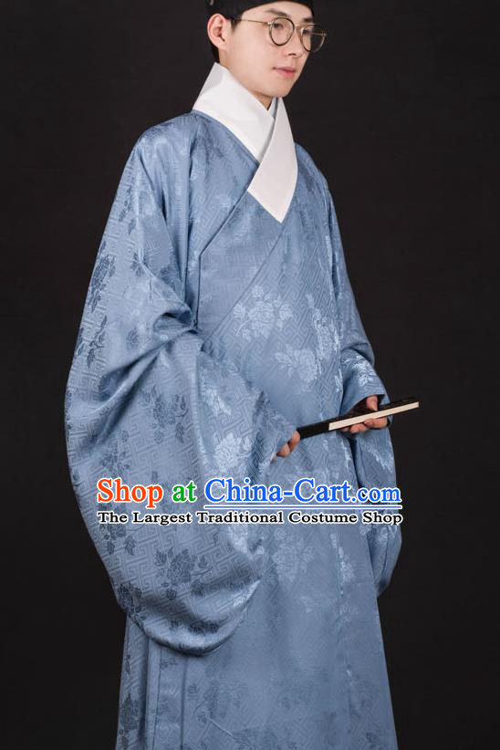 Chinese Traditional Ming Dynasty Taoist Priest Hanfu Blue Robe Ancient Scholar Costume for Men