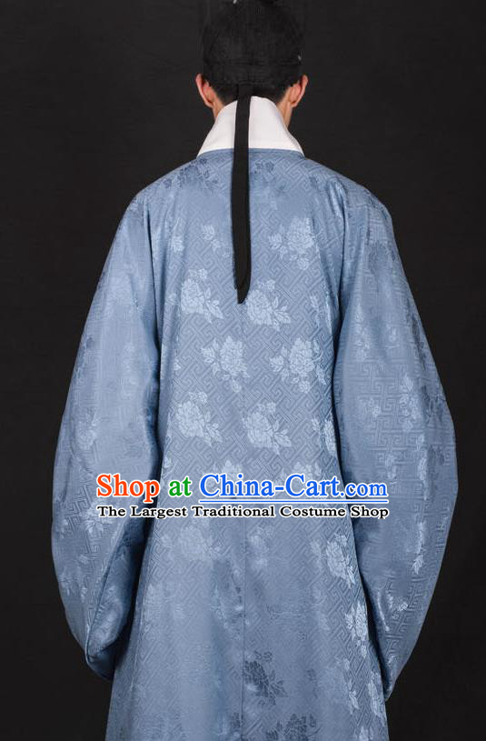 Chinese Traditional Ming Dynasty Taoist Priest Hanfu Blue Robe Ancient Scholar Costume for Men