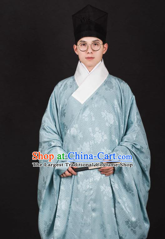 Chinese Traditional Ming Dynasty Taoist Priest Hanfu Green Robe Ancient Scholar Costume for Men