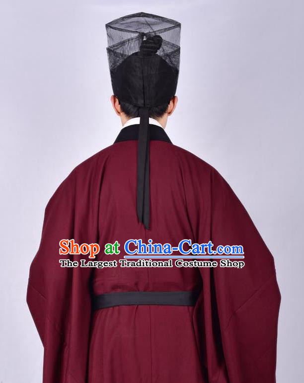 Chinese Traditional Ming Dynasty Taoist Priest Hanfu Wine Red Robe Ancient Scholar Costume for Men