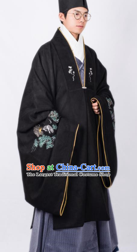 Chinese Traditional Ming Dynasty Scholar Hanfu Black Cloak Ancient Taoist Priest Costume for Men