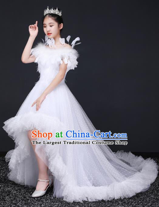 Top Grade Children Day Dance Performance White Feather Veil Full Dress Kindergarten Girl Stage Show Wedding Costume for Kids