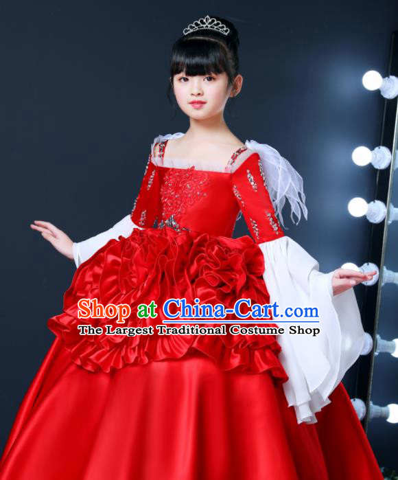 Top Grade Children Day Dance Performance Red Satin Dress Kindergarten Girl Stage Show Costume for Kids