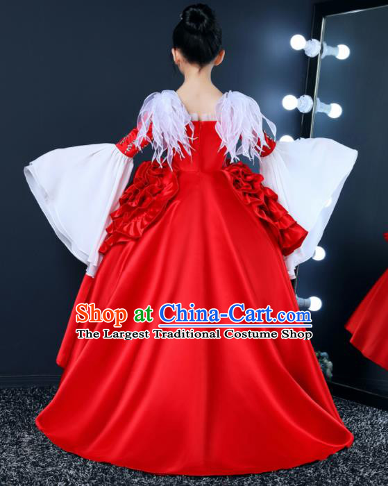 Top Grade Children Day Dance Performance Red Satin Dress Kindergarten Girl Stage Show Costume for Kids