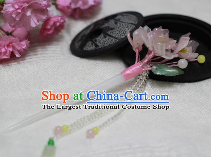 Chinese Ancient Court Queen Pink Begonia Tassel Hairpins Traditional Classical Hanfu Hair Accessories for Women